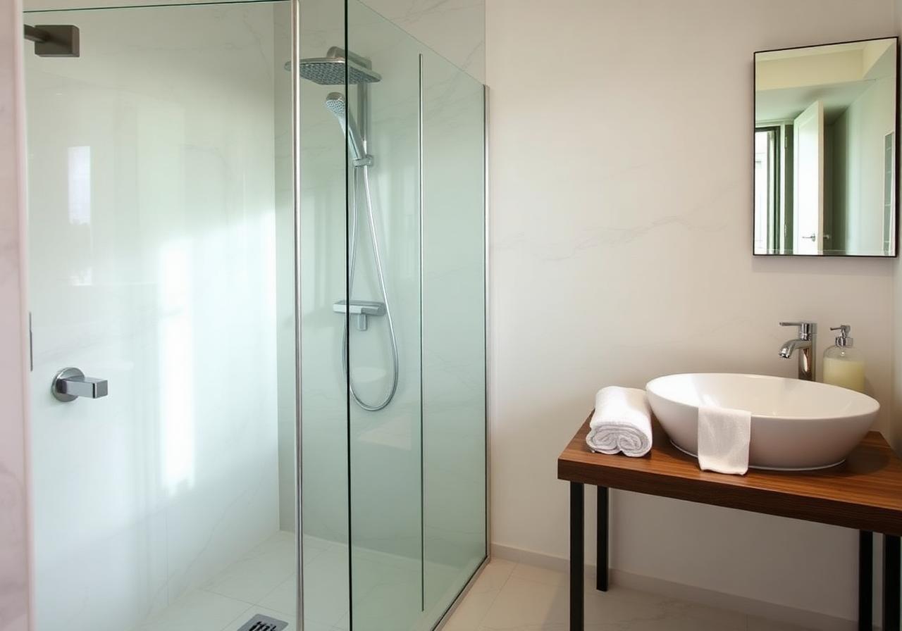 Spa-style bathroom with rainfall shower